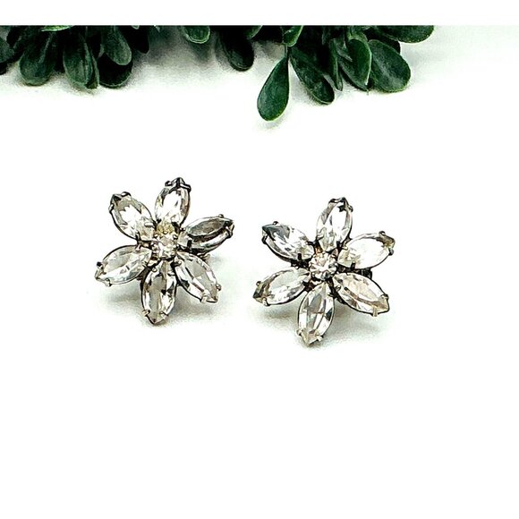 Vintage Rhinestone Flower Clip-On Earrings - Picture 3 of 6